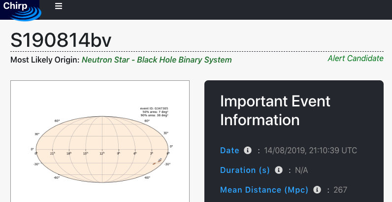 Chirp Web-App displaying infomation about a Gravitational Wave candidate detected by LIGO-Virgo.
