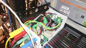 Electronics on a breadboard in a sever rack