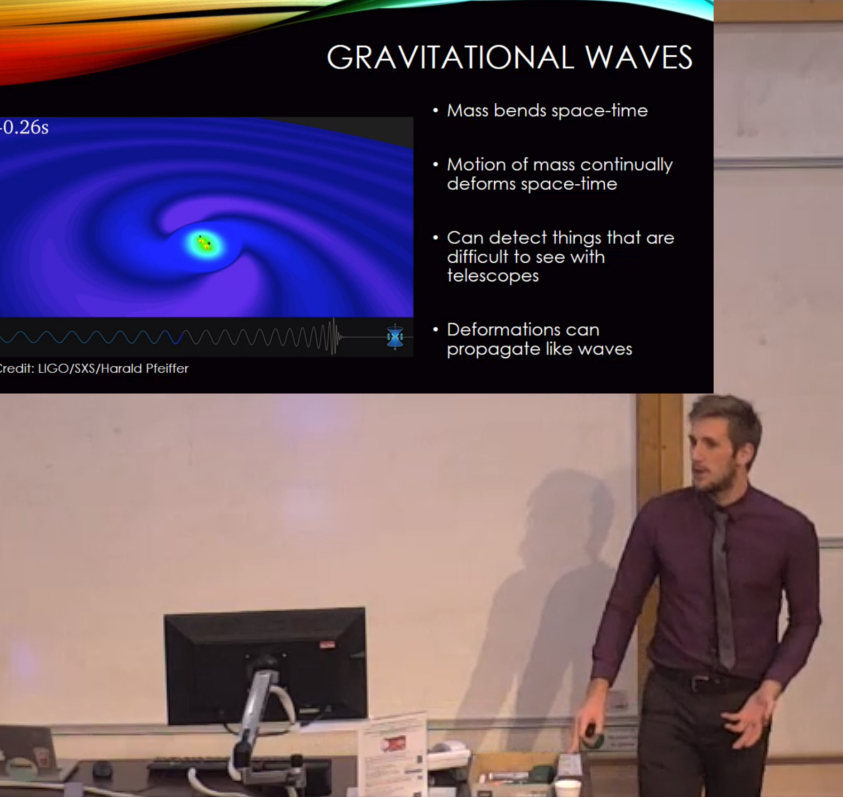 Aaron Jones talk Gravitational Wave Astronomy In The City Birmingham Lecture Lectern Whiteboard